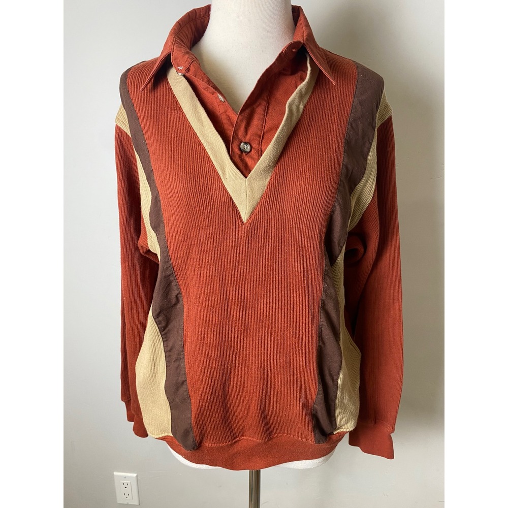 Vintage Haband Casual Joe Rust Orange Ribbed Colorblock Pullover Top Medium